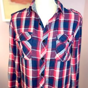 Women’s soft flannel button down, pink, blue and white. Great condition.